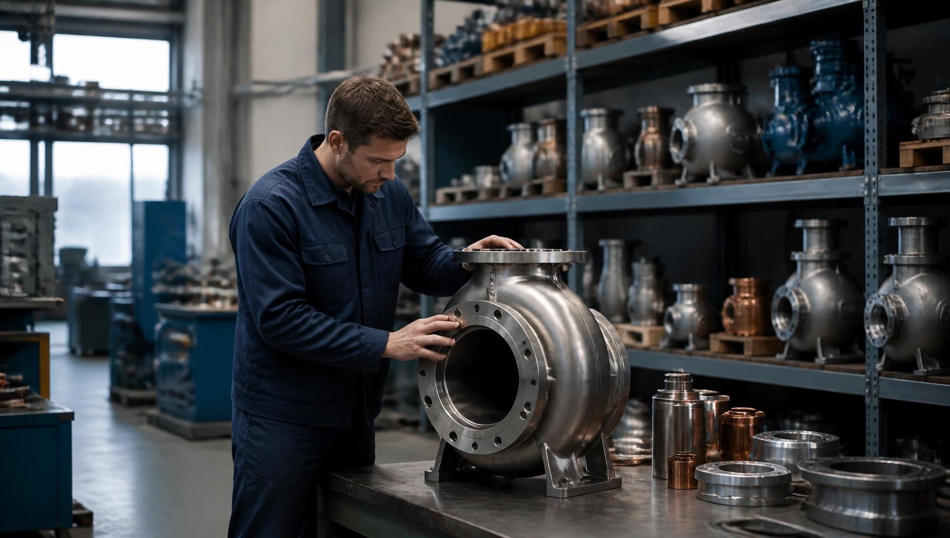 Engineer inspecting an industrial pump casing in a European warehouse