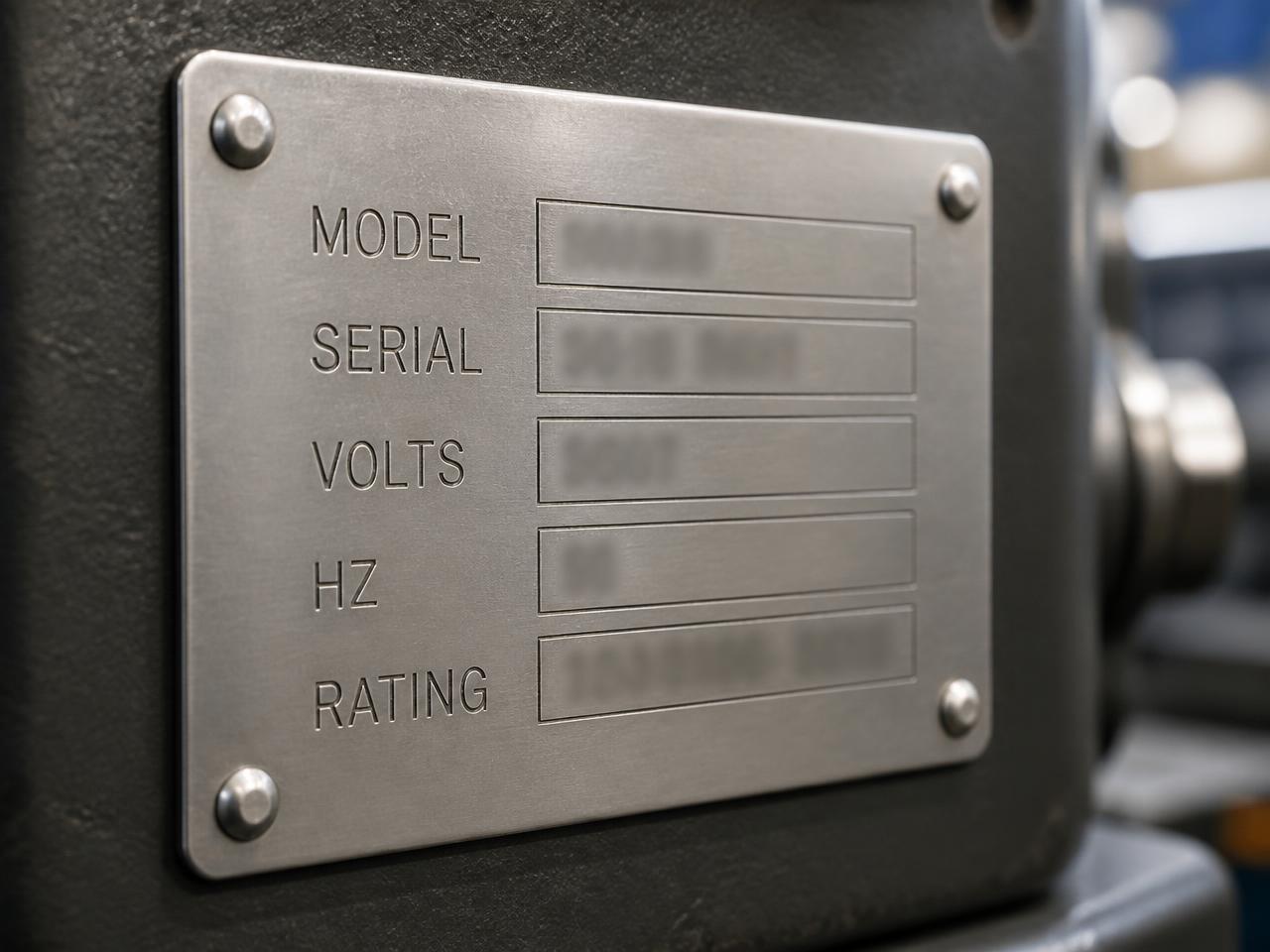Example industrial equipment identification nameplate showing model, serial, voltage and rating fields